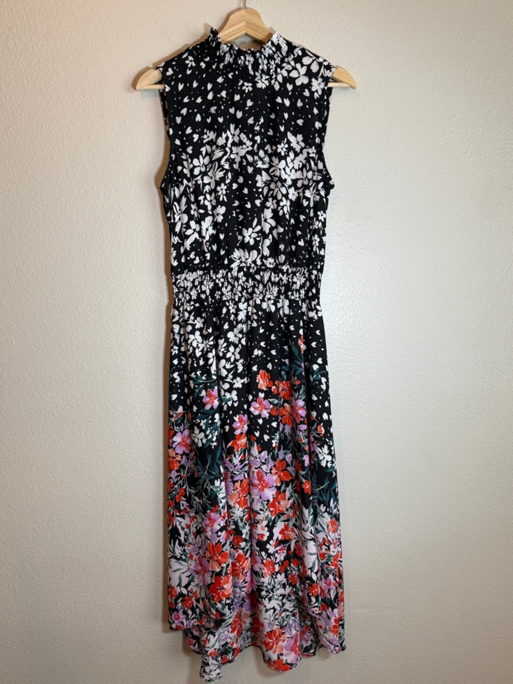 Nanette Lepore Mixed Print Floral High Low Dress Sz 8 Mock Neck Wedding Guest